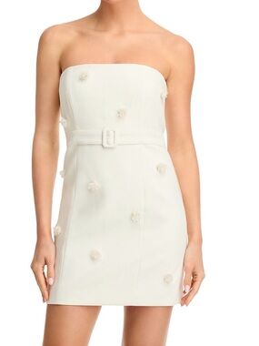 cinq a sept Strapless Cream Mini Dress with Belt and Floral Appliqués